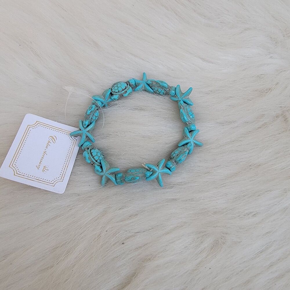 Wmns Beaded Stretch Bracelet Sea Turtle Star Fish Coastal Jewelry Beachy Boho